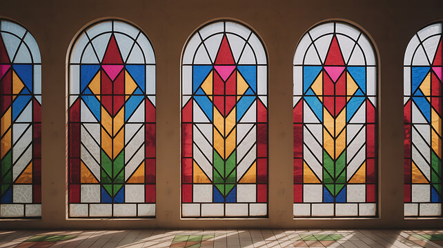 Colorful stained-glass windows, geometric patterns.
