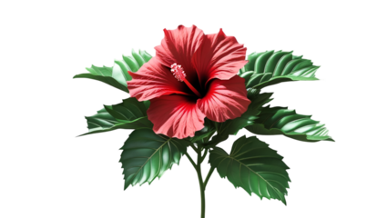 Single Hibiscus with Green Leaves Isolated on White Background
