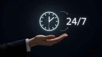 Nonstop service concept. Businessman hand holding virtual 24-7 with clock on hand for worldwide nonstop and full-time available contact of service concept. Customer service, customer care, contact us.