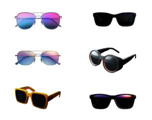 Four Pairs of Sunglasses Isolated on Transparent Background Silver Aviator Sunglasses Purple Gradient Lenses Black Rectangular Sunglasses Black Round Sunglasses with Orange Accents Orange Square