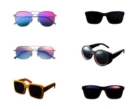 Four Pairs of Sunglasses Isolated on Transparent Background Silver Aviator Sunglasses Purple Gradient Lenses Black Rectangular Sunglasses Black Round Sunglasses with Orange Accents Orange Square