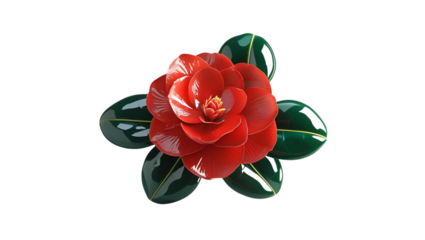 Single Red Camellia with Glossy Leaves Isolated on White Background