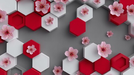 Geometric blossom design Red, white hexagons with scattered pink cherry blossoms