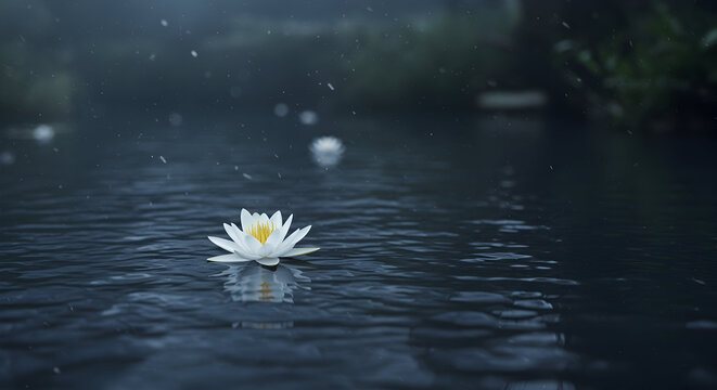 A delicate white Lily floating on a river, with dappled moonlight reflecting on the water. Ethereal and tranquil