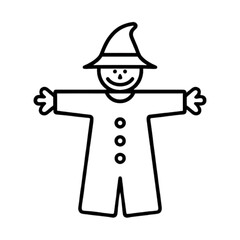 Outline of a scarecrow with hat and smiling face in simple style  