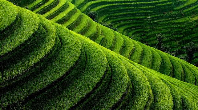 Lush green terraced rice fields curving across rolling hills vibrant green agriculture