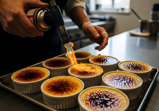 Chef using a blowtorch to caramelize the sugar topping of multiple crème brûlées in white ramekins, arranged on a metal tray in a professional kitchen setting