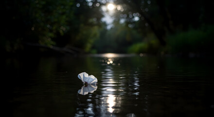 Obraz premium A delicate white Poppy floating on a river, with dappled moonlight reflecting on the water. Fragile and enchanting
