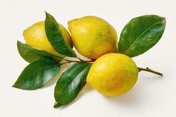 Three ripe yellow lemons on a branch with vibrant green leaves, isolated on a white background