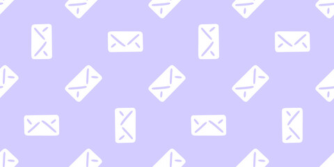 Seamless Cartoon Envelope Icon Pattern. White envelopes in cartoon flat style. Seamless communication pattern on violet background.