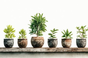 Obraz premium Various indoor plants in decorative pots line a rustic wooden shelf, creating an inviting and natural atmosphere with fresh green colors