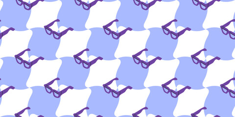 Seamless Cartoon Glasses Pattern Design. Purple glasses in cartoon flat style on abstract violet and white background. Seamless trendy accessory pattern.