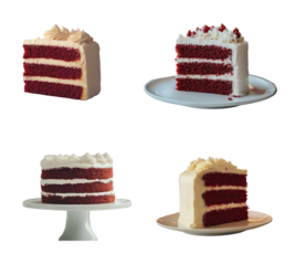 Four Red Velvet Cake Slices Displayed on Plates and Cake Stand White Cream Frosting Layers Dessert Food Photography