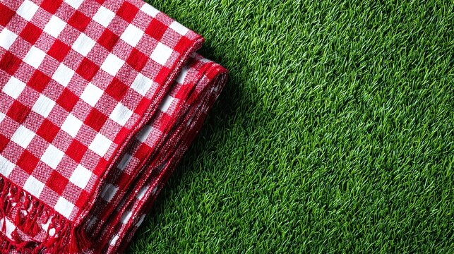 A vibrant red and white checkered picnic blanket is arranged on lush green grass, creating a perfect outdoor scene for relaxation and leisure.