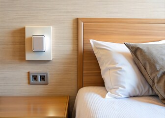 Modern hotel room bedside with light switch and power outlet near headboard
