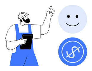 Worker in hard hat holding tablet and pointing upward toward a happy face and dollar icon. Ideal for construction, efficiency, profit, satisfaction, labor, teamwork, productivity. Simple flat