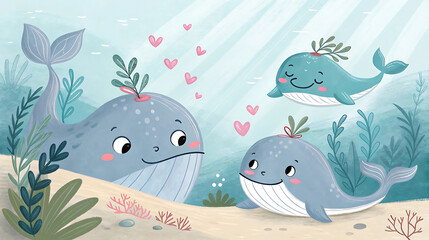 Obraz premium A family of cute whales swims underwater surrounded by hearts and plants