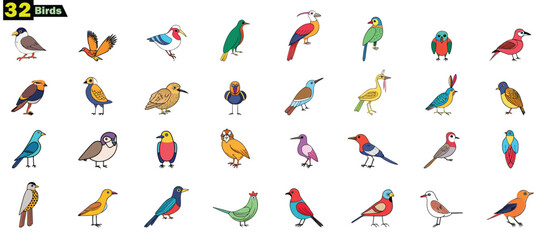 Collection of 32 colorful cartoon birds on white background illustration