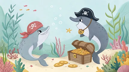 Keuken achterwand Piraten Two playful pirate dolphins discover a treasure chest filled with gold coins  © Saieem
