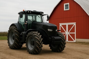 Obraz premium Modern black tractor parked near a red barn on a cloudy day in rural countryside