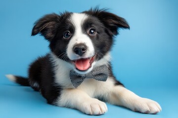 Fototapeta premium Smiling puppy dog in a polka dot bow tie posing against a vibrant blue background during a playful studio session