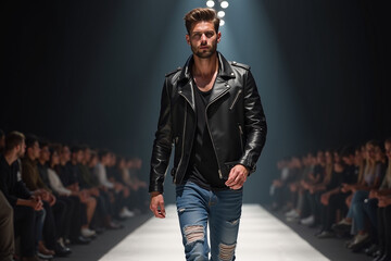 Male model walking confidently down fashion runway in stylish outfit  