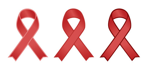 Set of three red color awareness ribbons representing blood cancer,  heart decease, HIV/AIDS, substance-abuse and other awareness campaigns and events, flat vector on transparent background