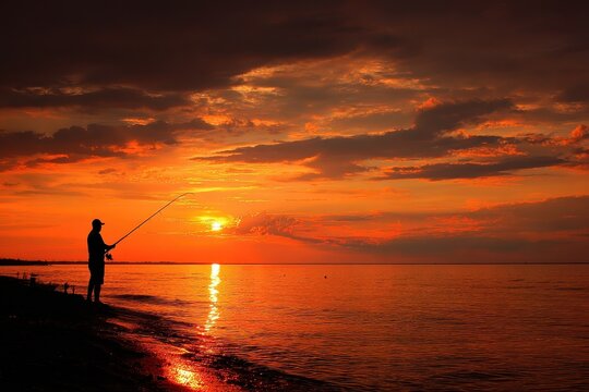 Silhouette of a fishing man on the coast at sunset with vibrant colors reflected in the calm sea water creating a serene atmosphere during the evening