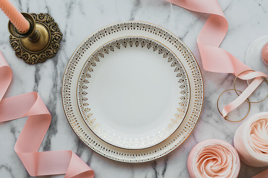 Elegant oval frame with roses and ribbons on marble surface