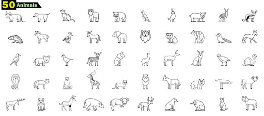 Collection of 50 simple black and white animal line drawings on white background 1 © Hafiz
