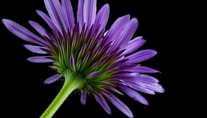 A single purple aster flower with stem photographed up close on a stark, contrasting black backdrop, exhibiting its intricate botanical structure