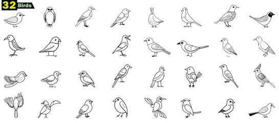 Collection of thirty two black and white line drawing birds animal illustration