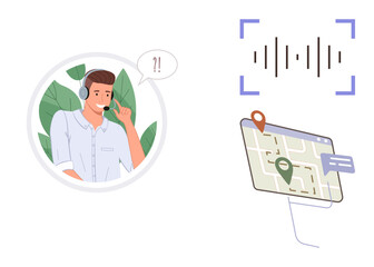 Male customer support agent in headphones with speech bubble, audio waveform, digital map with pin and chat bubble. Ideal for customer service, logistics, GPS, navigation, technology, communication