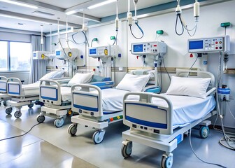 Modern intensive care unit with multiple patient beds and medical equipment