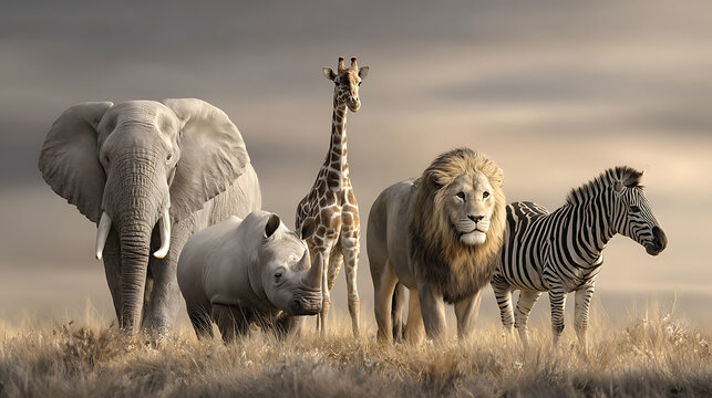 Majestic African wildlife ensemble featuring elephant rhino giraffe lion zebra image