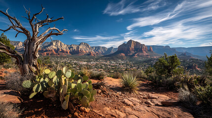 Majestic desert landscape with ancient tree and vibrant red rock formations under a vast blue sky