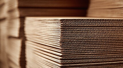 Stack of corrugated fiberboard sheets, close-up showing the layered structure and textured surface, ideal for industrial or packaging backgrounds.