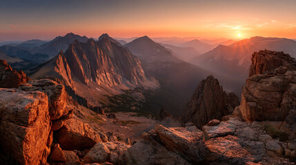 Obraz premium Majestic mountain peaks bathed in golden sunrise light with rugged foreground rocks mountain range