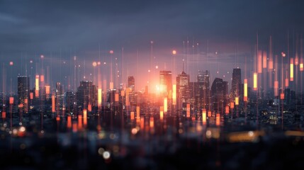Fototapeta premium A futuristic city skyline with a digital overlay, symbolizing financial growth and innovation at sunset.