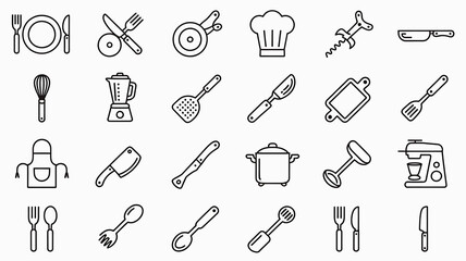 A set of kitchen and cooking line icons. Collection of utensils, cookware, and appliance symbols for culinary design.