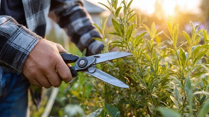 Obraz premium Gardener tending to garden plants with shears in the sunlight. Plants are lush and green. Gardening maintenance.