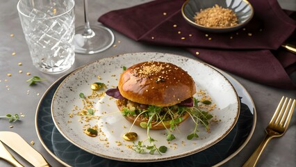 Top-Down View of a Gourmet Burger on a Designer Plate, Artful Plating of a Modern Burger with Microgreens, A High-End Burger Presented in a Minimalist Style, Elegant Gourmet Meal A Beautifully Styled