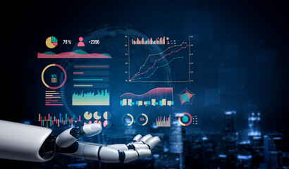 A close-up of a robotic hand reaching out to interact with vibrant data visualizations, illustrating advanced technology, innovation, and analytics in a digital age. Impute