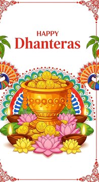 Happy dhanteras celebration with gold coins and lotus flowers
