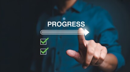 Person touching progress bar with check marks symbolizing completion on a dark blue background