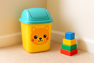 Empty colorful animal-face trash bin in tidy child’s playroom