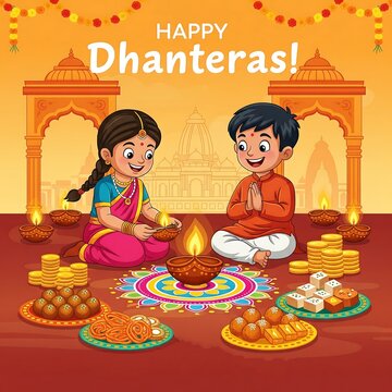 Happy dhanteras celebration with traditional offerings and festive decorations