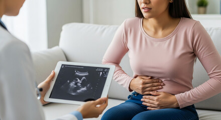 Doctor showing ultrasound image on tablet to pregnant woman, woman holding her belly, signifying prenatal care and anticipation