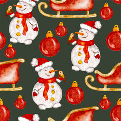 Christmas winter holiday season pattern of snowmen, ornaments, sleighs on green seamless background. Vector illustration