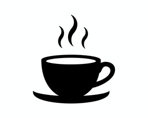 Obraz premium Black and White Cup of Hot Coffee or Tea with Rising Steam Icon Illustration Perfect for Cafe and Restaurant Menus